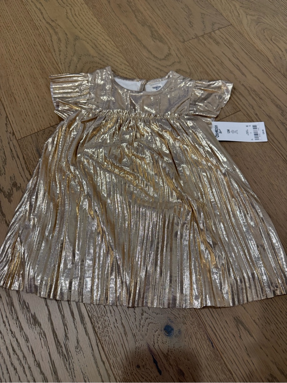 OshKosh B’gosh Baby Girls Gold Metallic Pleated Dress 12M NWT Party